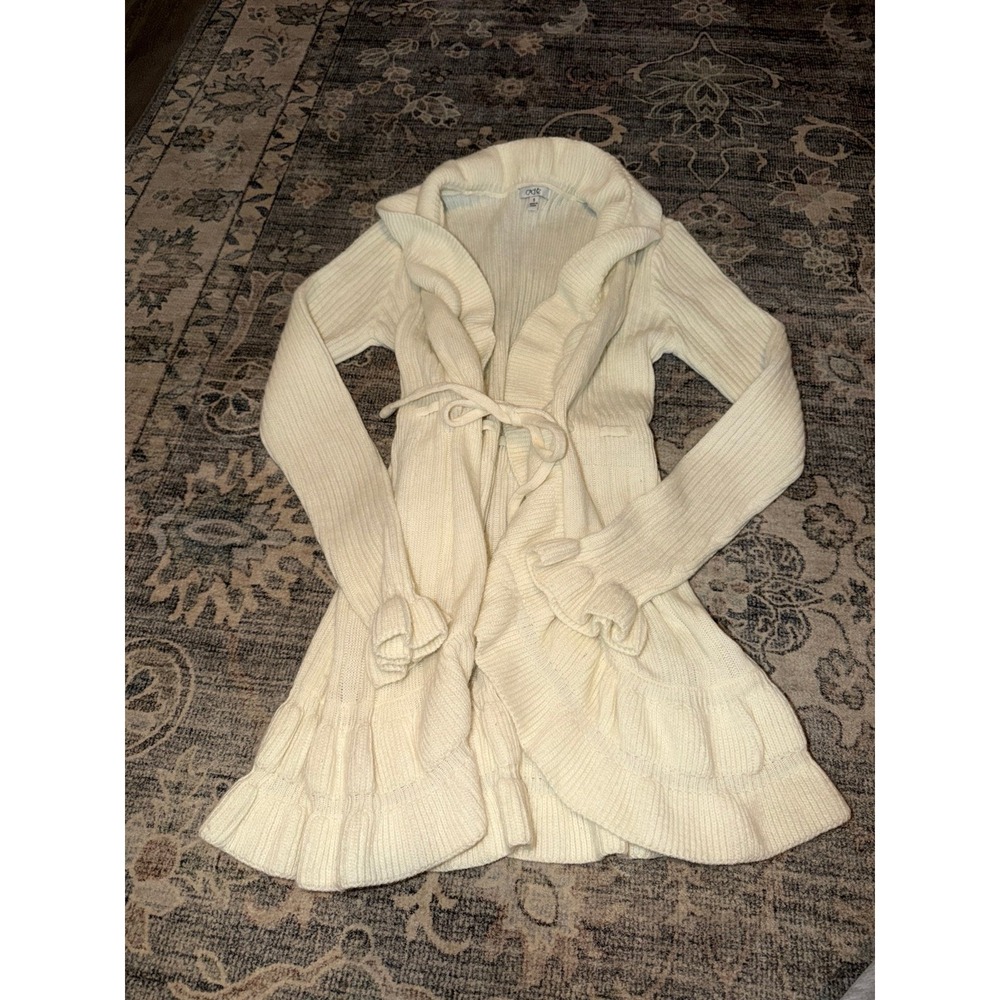 Cache Vintage White Wool Blend Cardigan Sweater Ruffles
